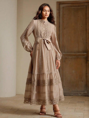 Beige lace elegant tie dress