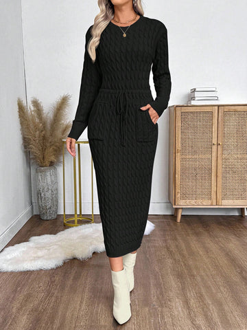 Black Cableknit sweater dress with tie waist