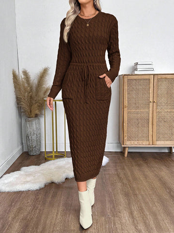 Brown Cableknit sweater dress with tie waist