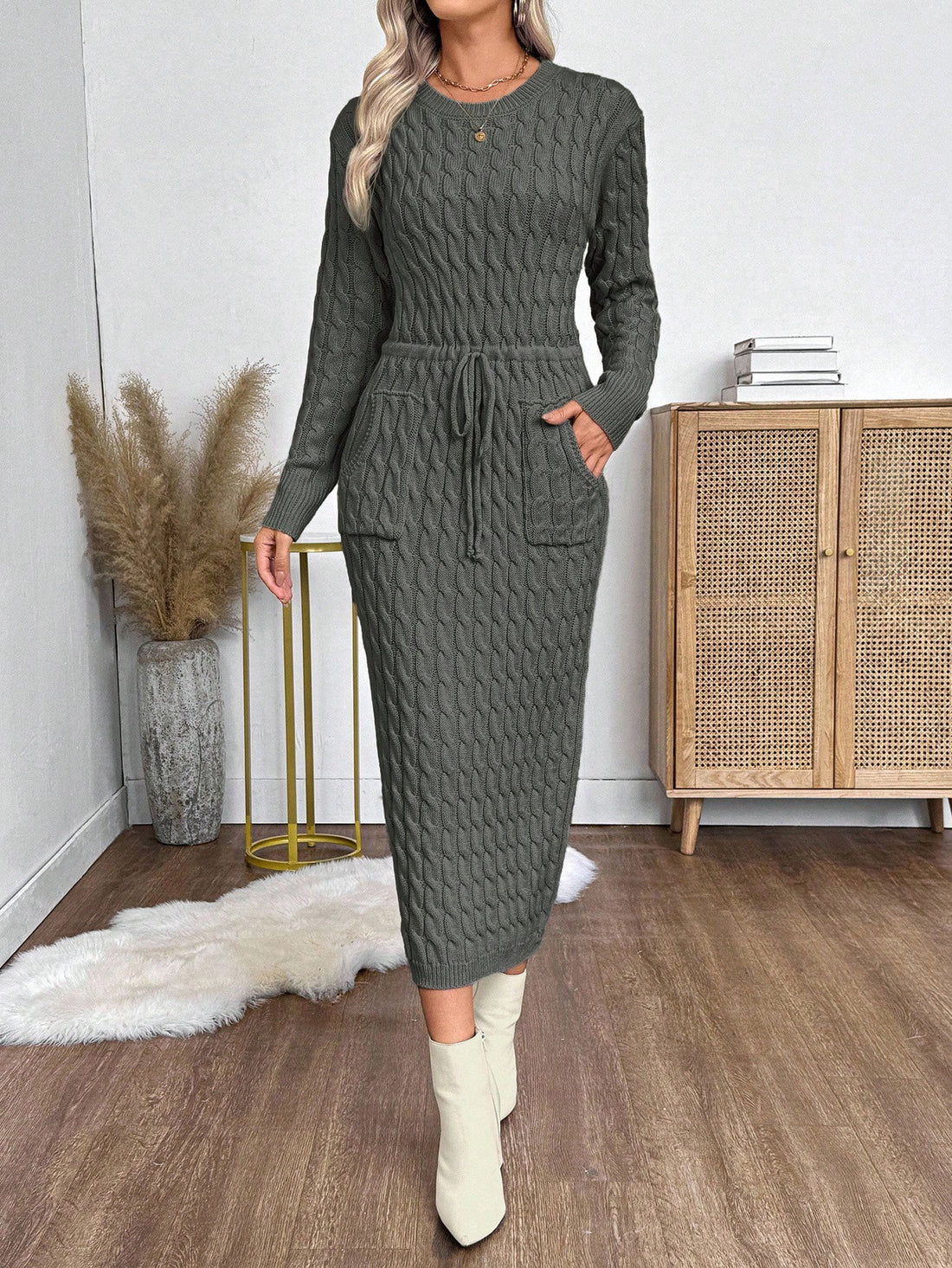 Grey Cableknit sweater dress with tie waist