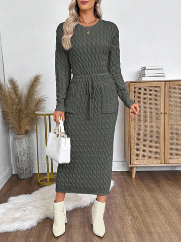 Grey Cableknit sweater dress with tie waist