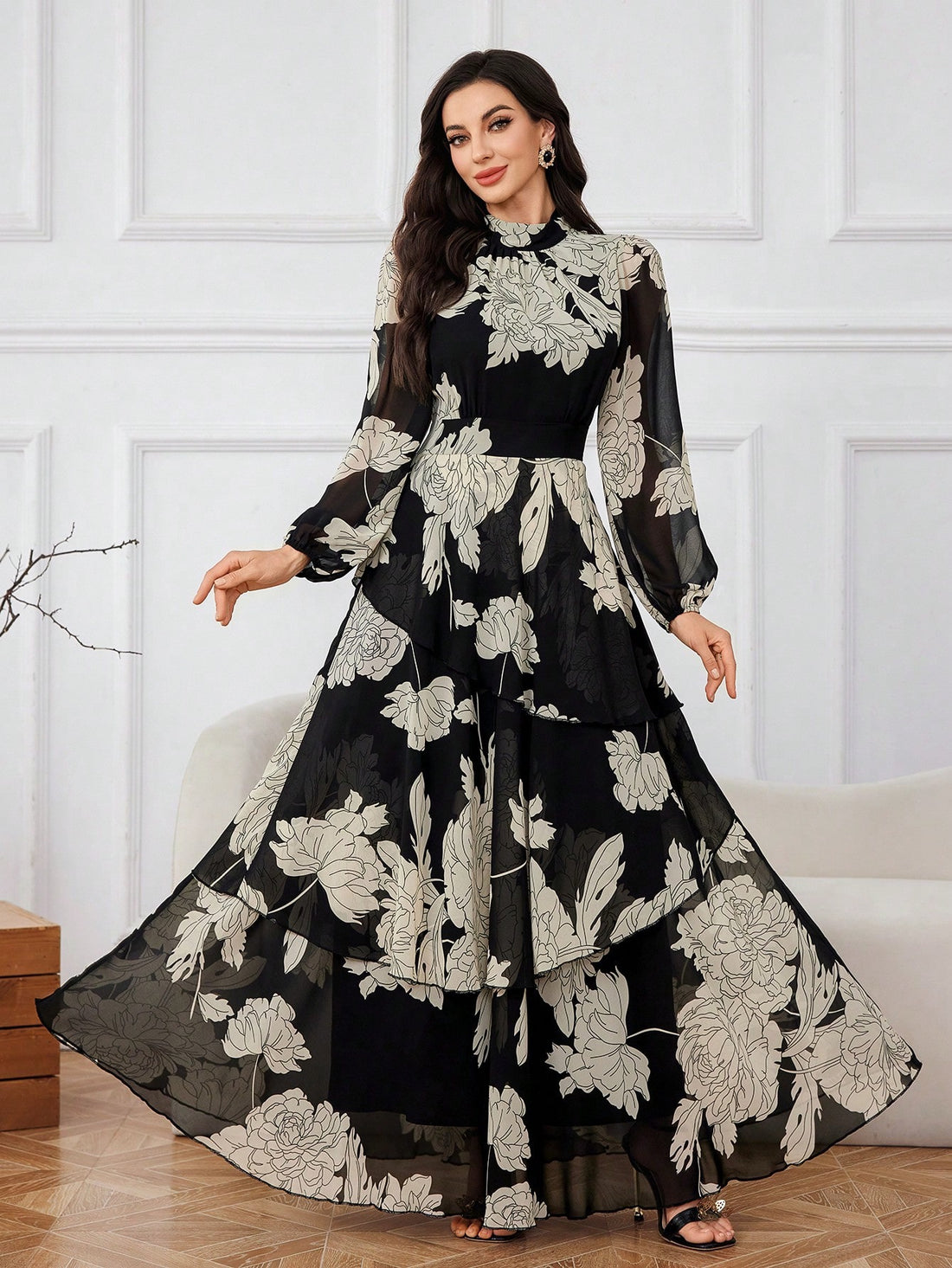 Lantern sleeve ruffle floral maxi dress