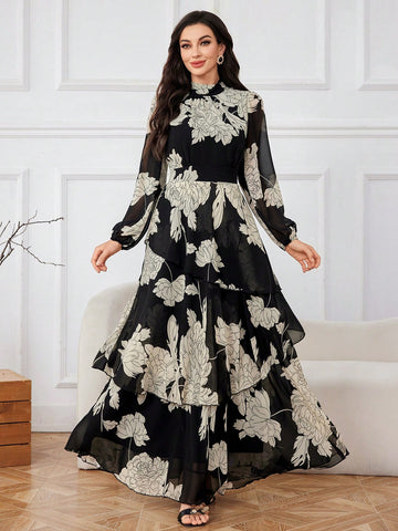 Lantern sleeve ruffle floral maxi dress