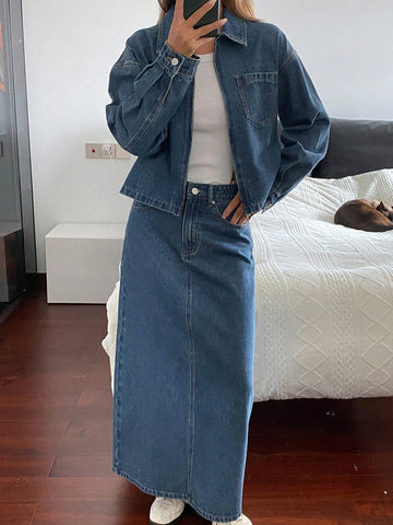 Denim jacket and maxi skirt set