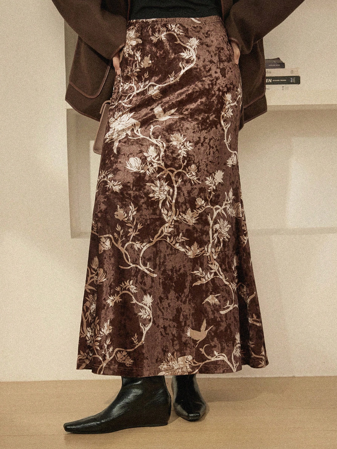 Brown velvet floral skirt
