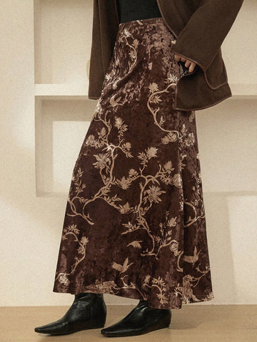 Brown velvet floral skirt
