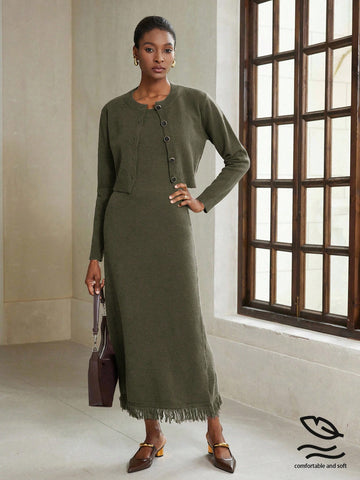 Olive knit sleeveless dress and cardigan set