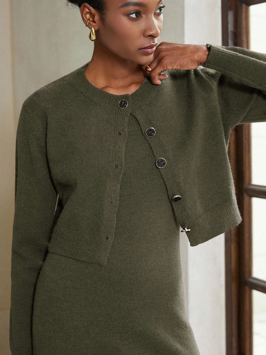 Olive knit sleeveless dress and cardigan set