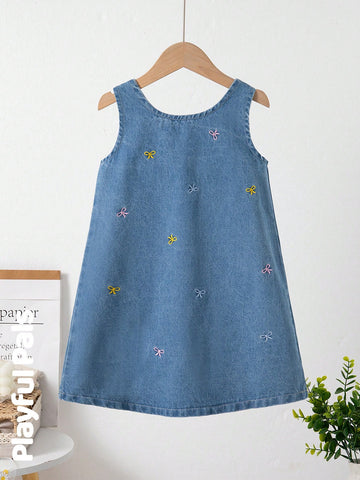 Embroidered bow denim dress