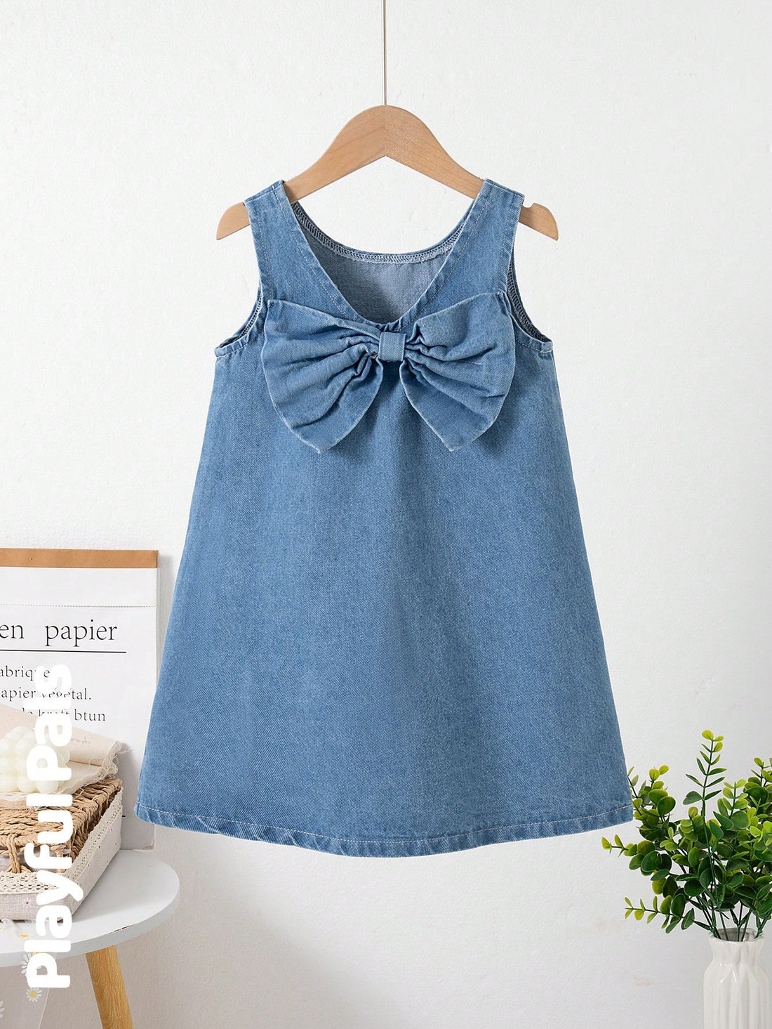 Embroidered bow denim dress