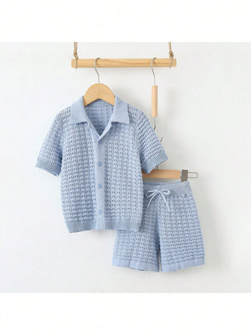Young boys, blue knit, shirt, and shorts set