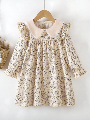 Girl beige floral dress with collar
