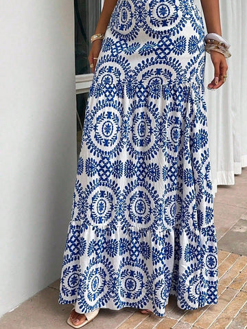 Blue and white print maxi skirt