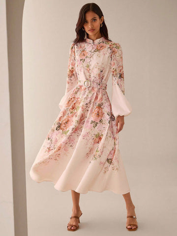 Pink elegant belted dress