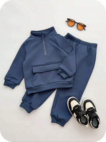 Young boy blue sweatshirt and sweatpants set