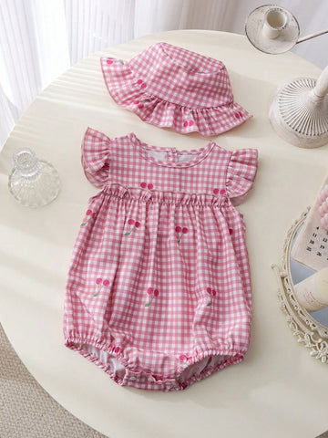 Baby girl strawberry gingham romper and hat