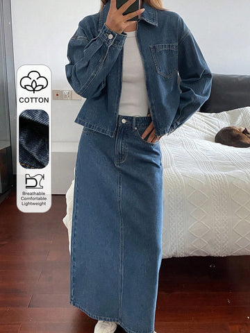 Denim jacket and maxi skirt set