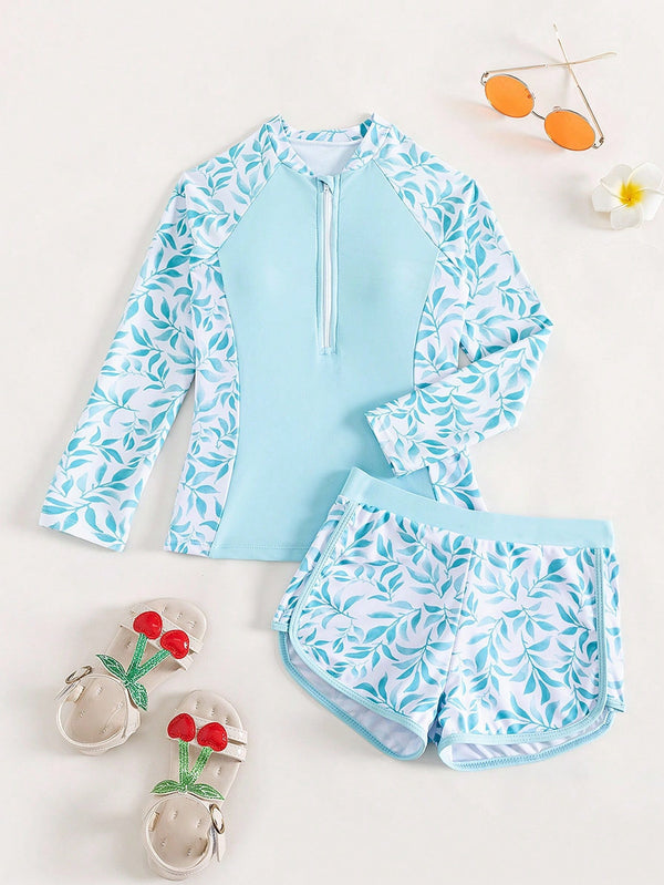 Tween girl blue rash guard swim set