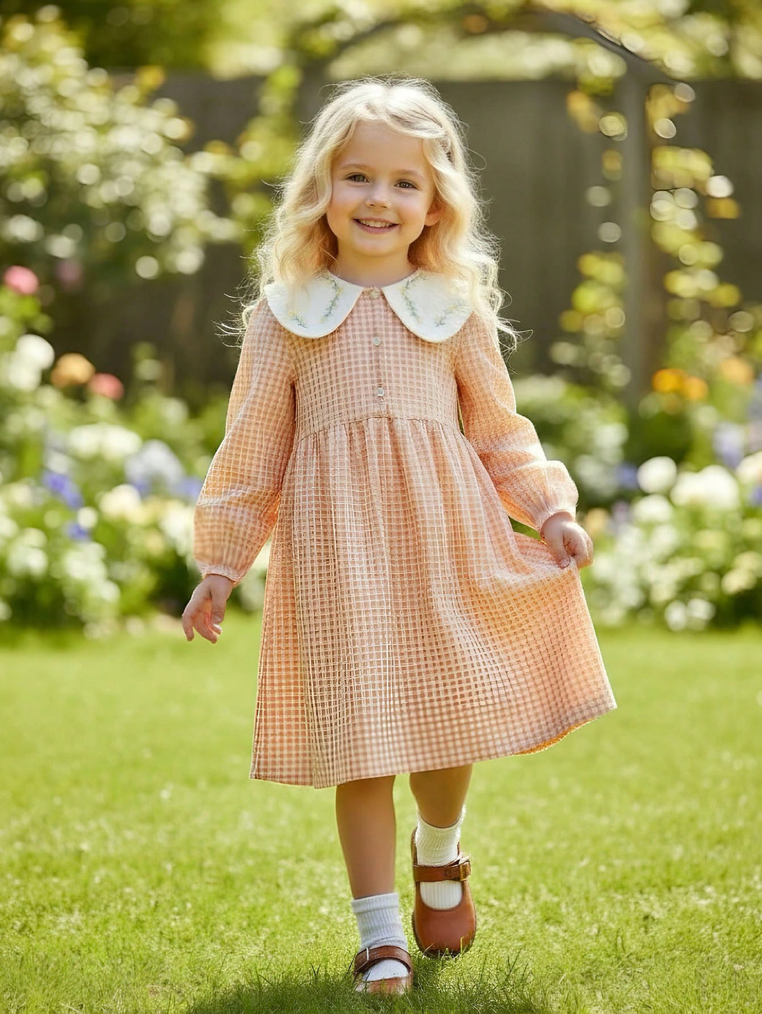 Young girls peach gingham lace collar dress