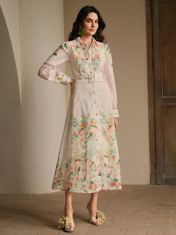 Lantern sleeve floral collar button down dress