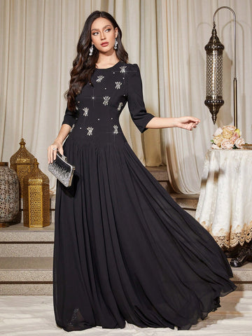 Black Rhinestones embellished gown with three quarter sleeve