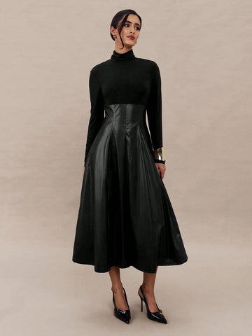Black turtleneck long sleeve midi dress