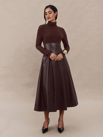 Brown turtleneck long sleeve midi dress