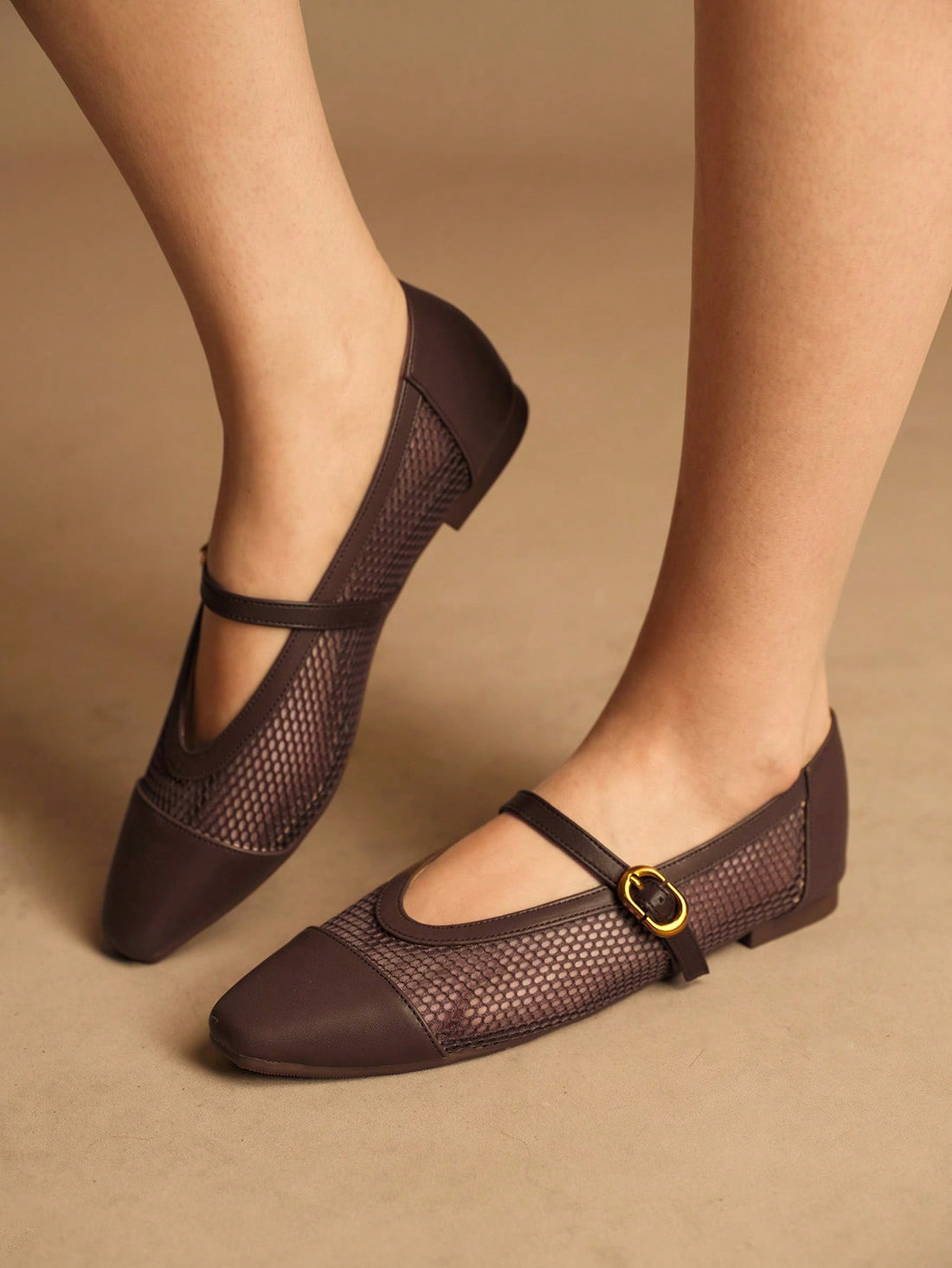 Coffee color mesh Mary Jane flats