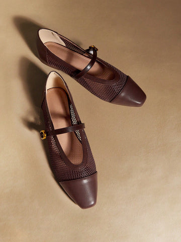 Coffee color mesh Mary Jane flats