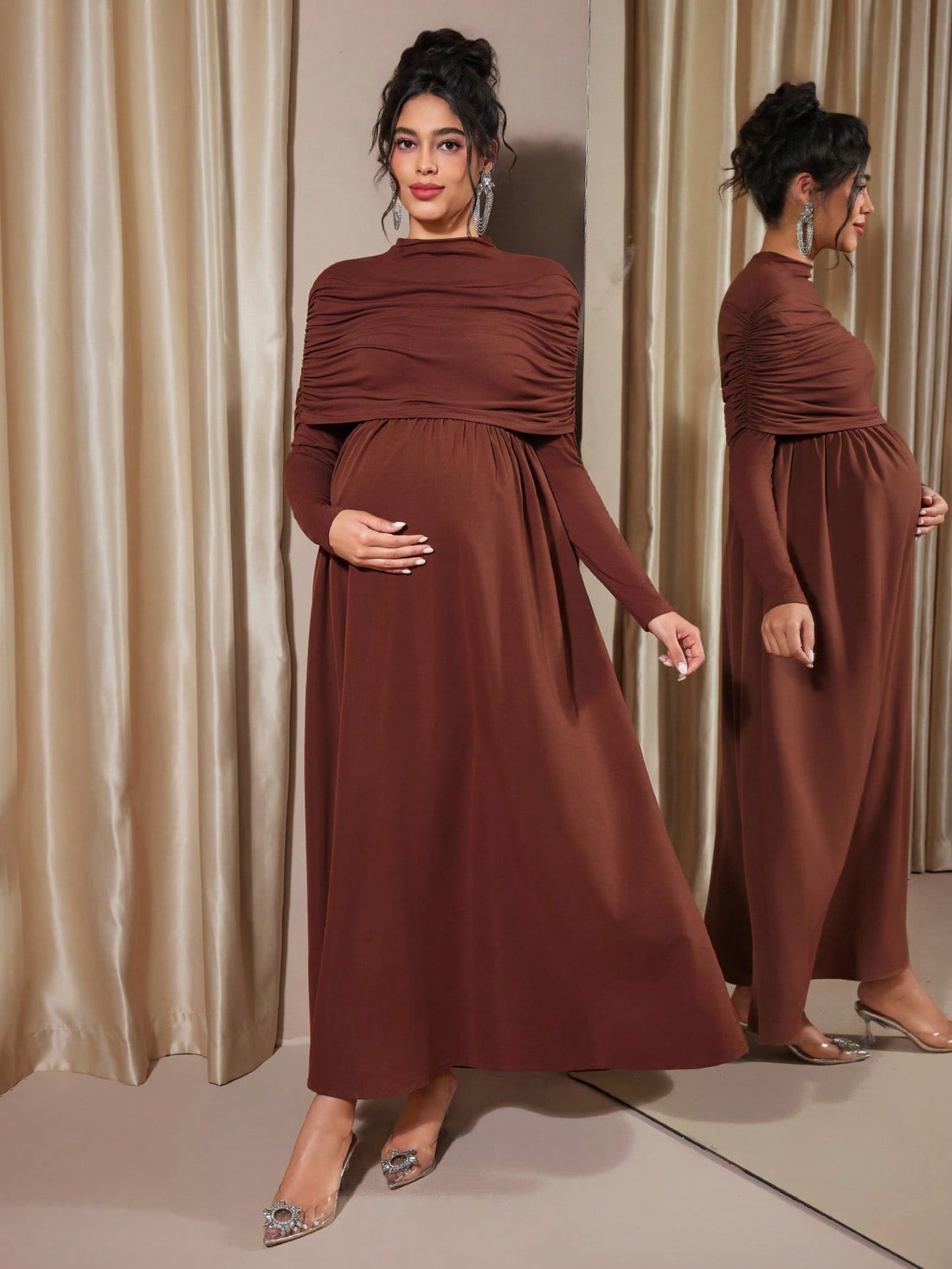 Brown elegant maternity maxi dress