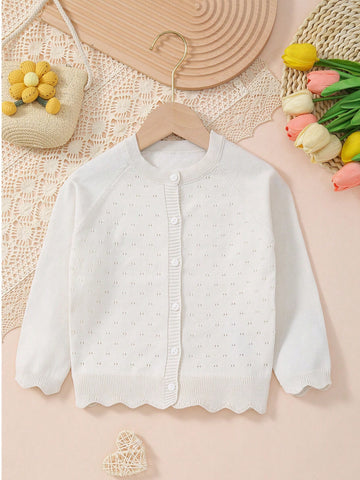 White Young girl thin pointelle knit cardigan