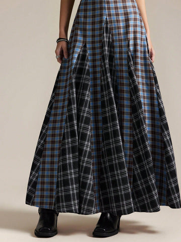 Plaid patchwork midi skirt
