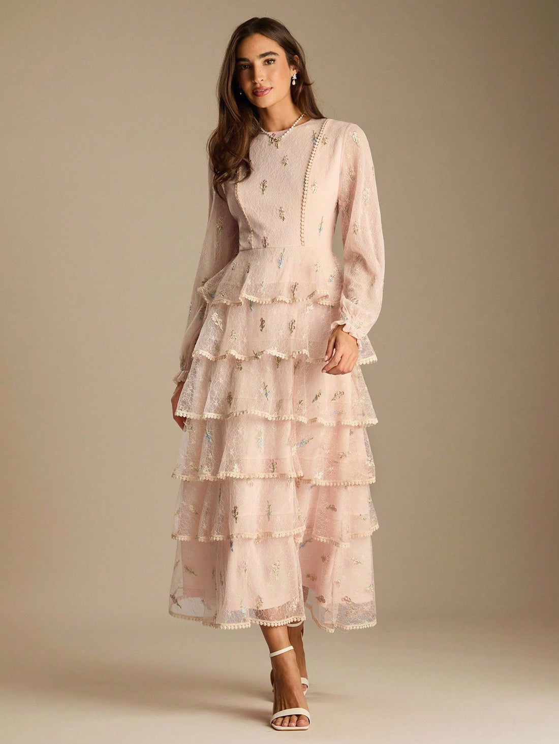 Pink embroidered flowers ruffle dress