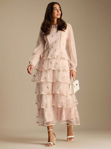 Pink embroidered flowers ruffle dress