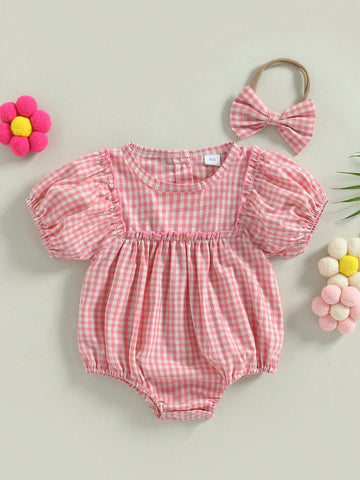Baby girl pink gingham bubble romper and headband