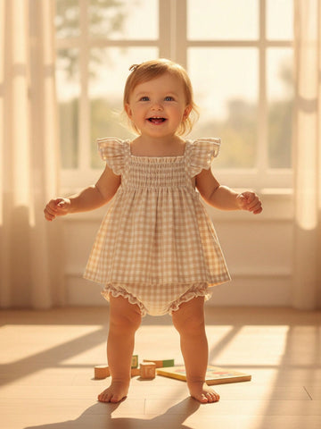 Toddler girl beige gingham set