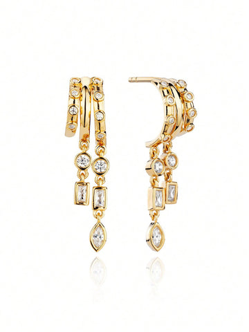925 Sterling Silver Jewelry Zirconia 18K Gold Plated Dangle Geometric Drop Earrings