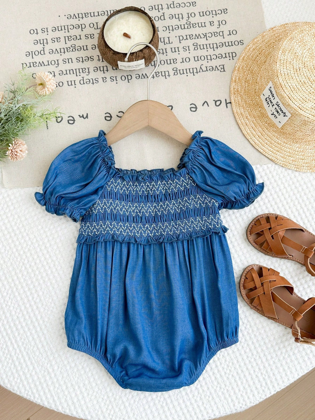 Baby girl denim smocked romper
