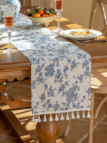 Blue toile print table runner
