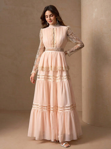 Elegant peach lace maxi dress/gown
