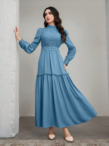 Blue lace Ruffle hem maxi dress