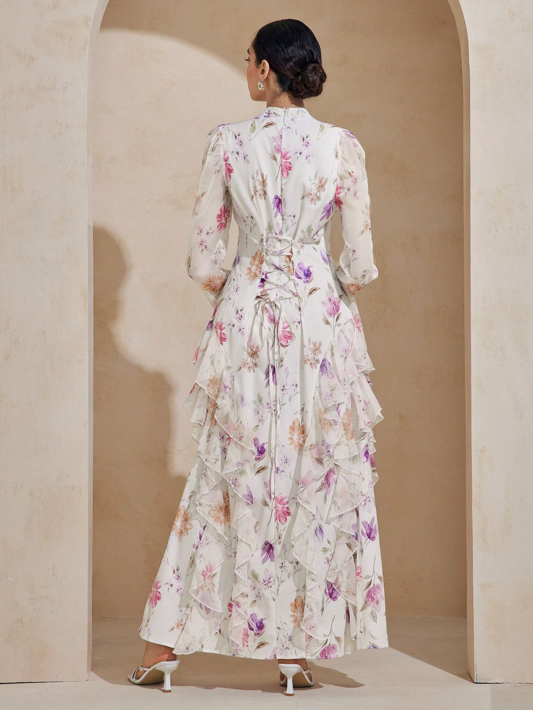 Floral print ruffle hem tie waisted dress