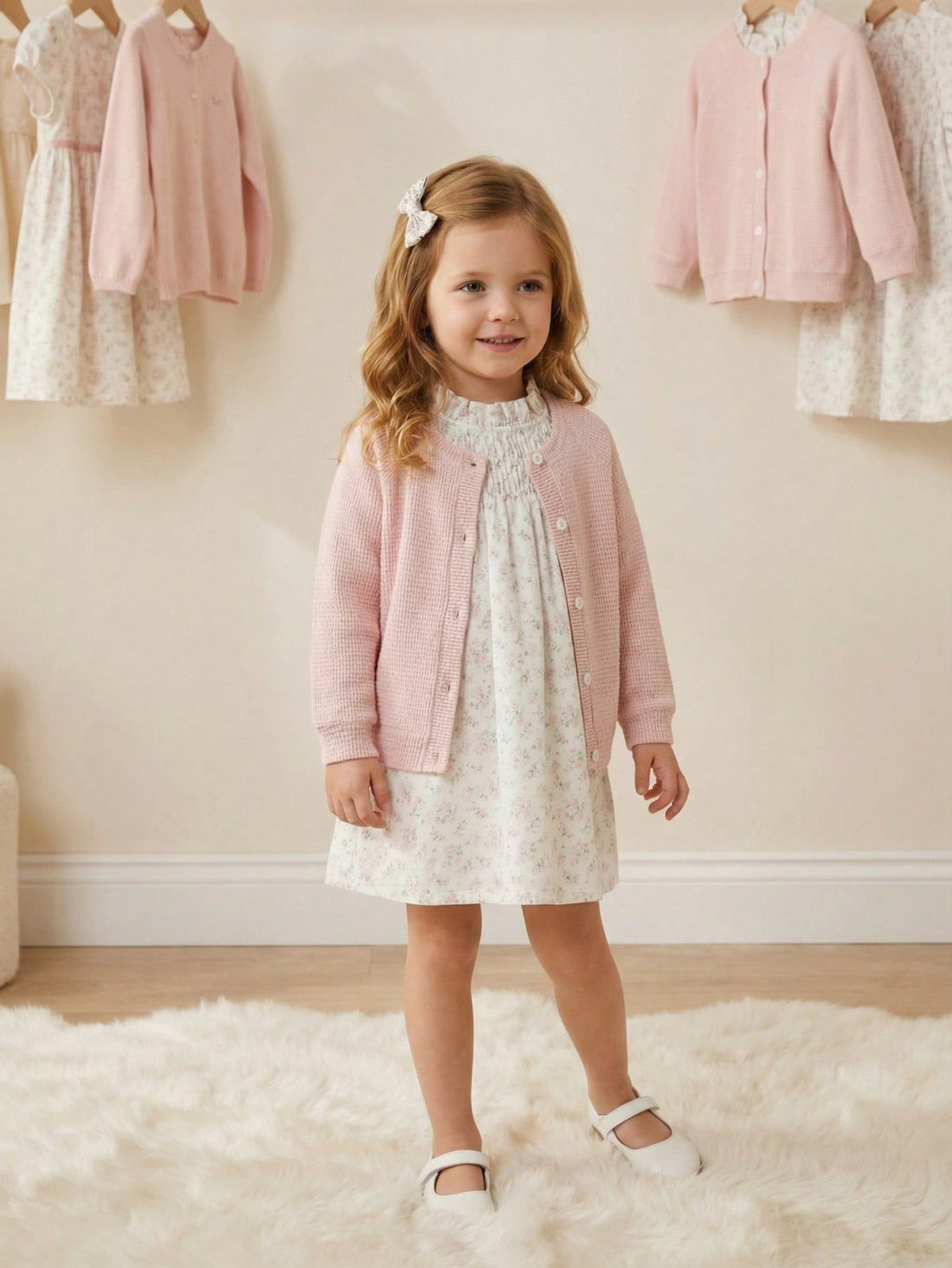 Girls pink cardigan and white dress set
