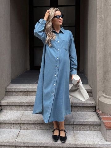 Maternity washed denim button down dress