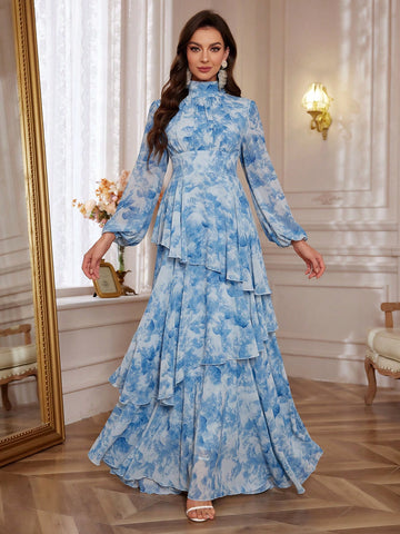 Floral blue ruffle maxi dress