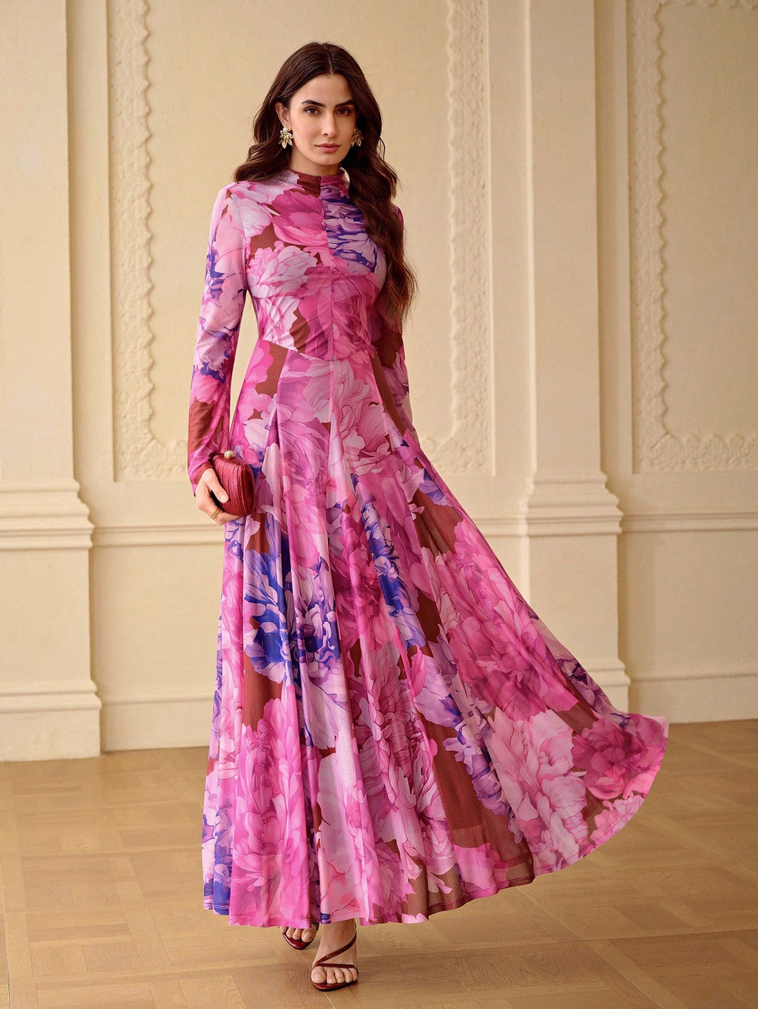 Pink elegant floral print long sleeve dress