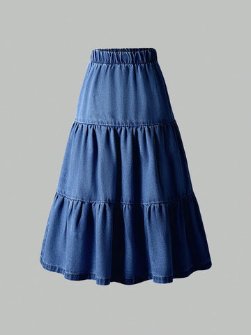 Tween mid-wash denim layered skirt