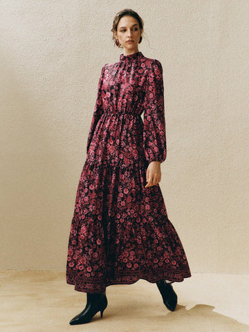 High neck cinched waist long sleeve dress