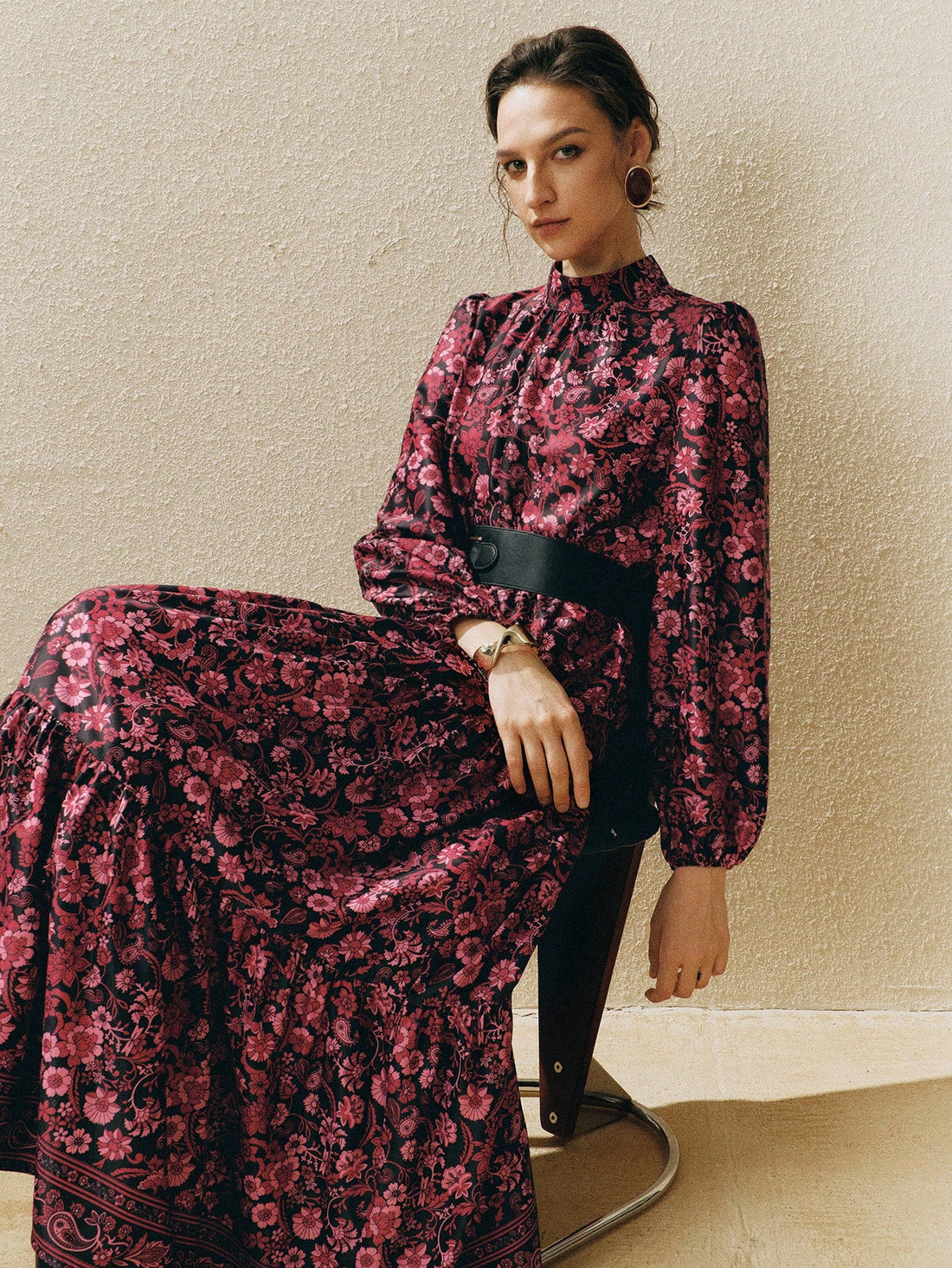 High neck cinched waist long sleeve dress