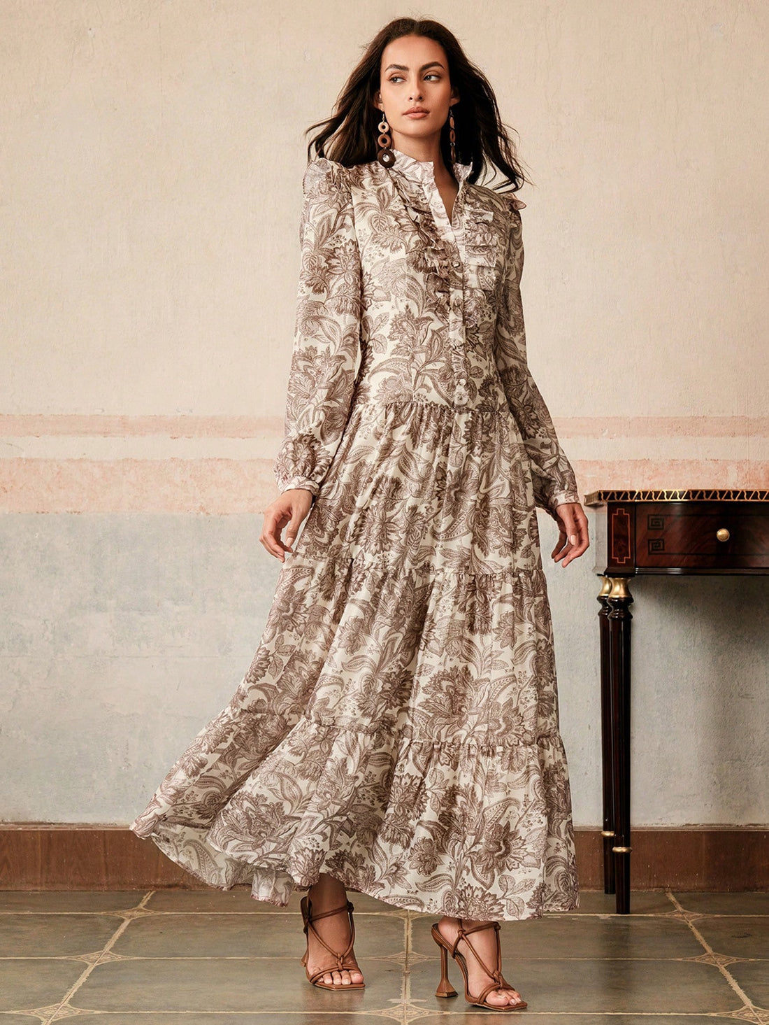 Floral print taupe ruffle dress